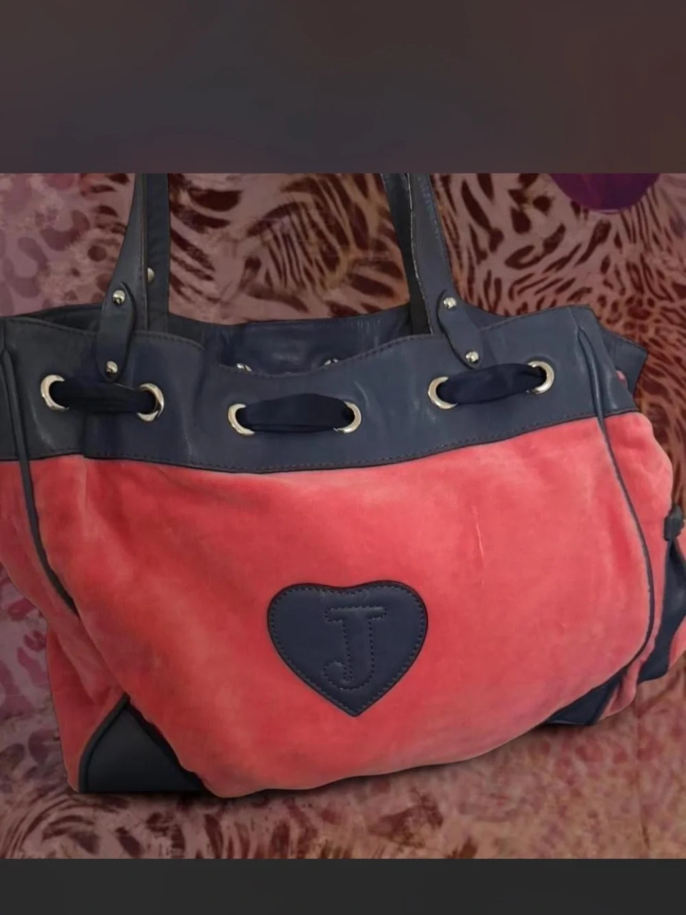 Juicy Couture Coral Pink and Navy Suede/Leather Tote